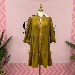 Tiered Velvet Midi Dress in Mustard